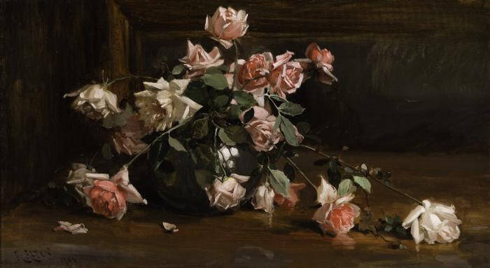 Still life images of a bunch of roses, spilling from a container, on a table.